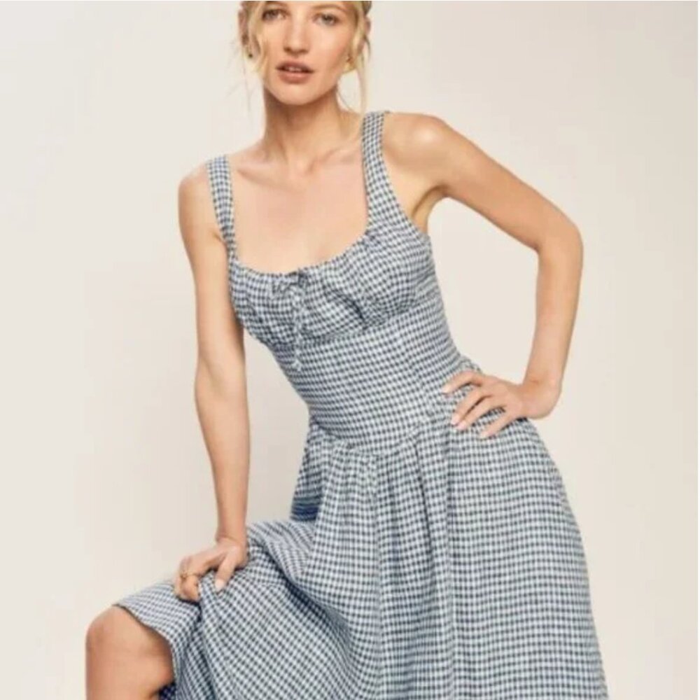 Reformation Balia Linen Dress in Slate Check